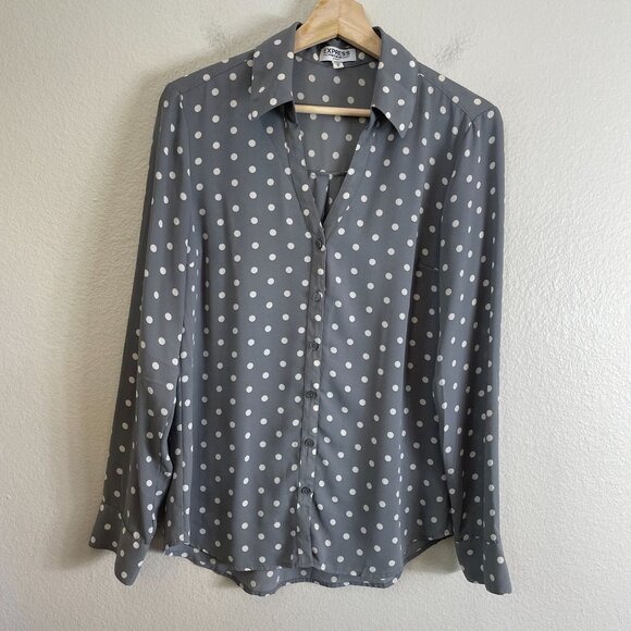 Express Portofino Shirt Womens Medium Gray Polka Dot Slim Fit Long Sleeve Blouse - Picture 1 of 7